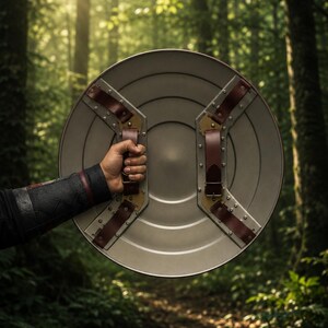 May include: A silver-colored shield with brown leather straps and metal accents. The shield is round and held by a person in a forest setting. The straps are riveted to the shield, and the background is a lush green forest.
