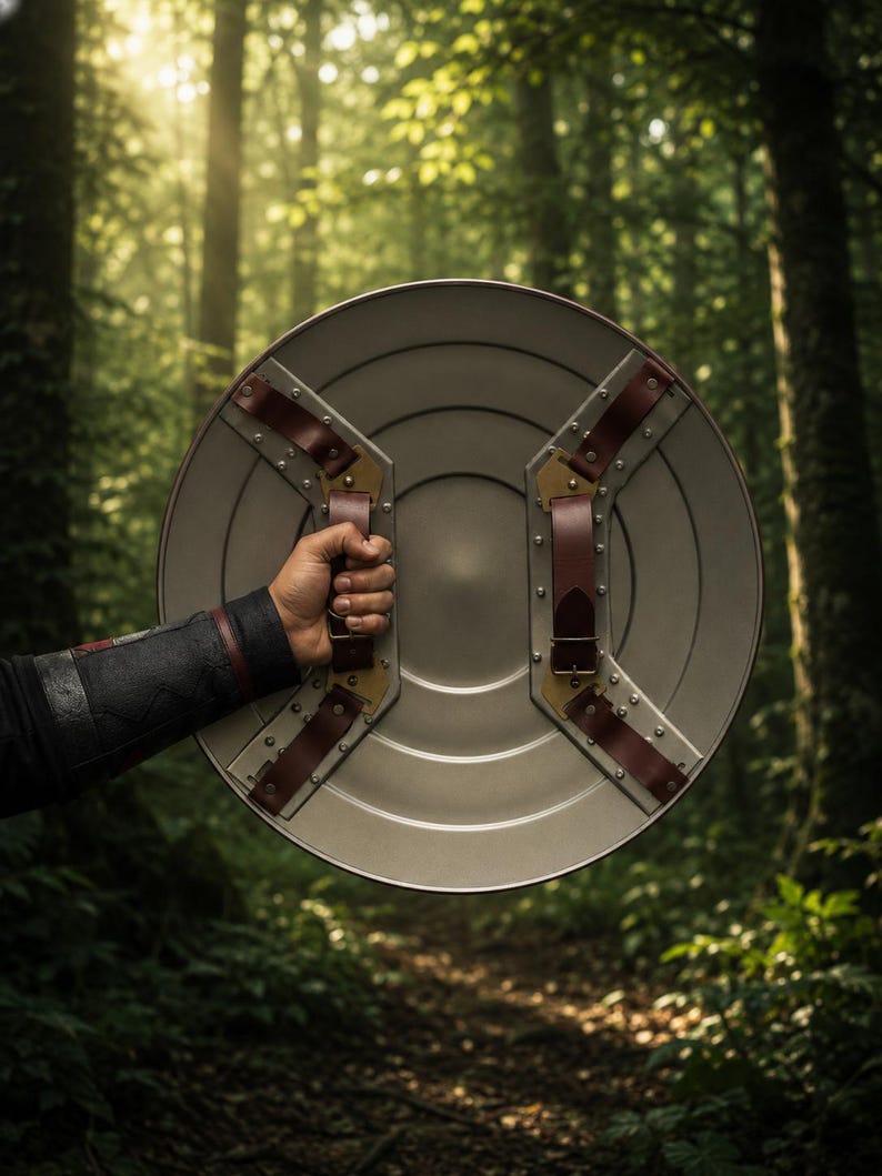 May include: A silver-colored shield with brown leather straps and metal accents. The shield is round and held by a person in a forest setting. The straps are riveted to the shield, and the background is a lush green forest.