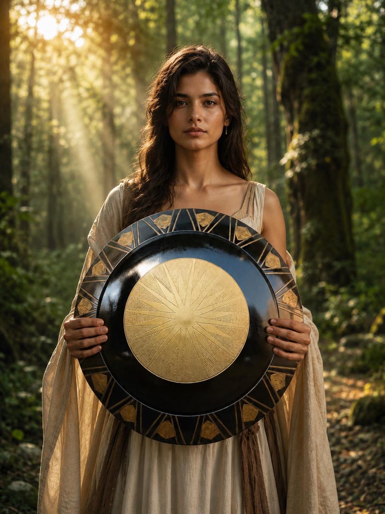 May include: A black and gold shield with a central sunburst design is held in front of a person in a forest setting. The shield has a circular shape with geometric patterns around the edge. The person is wearing a cream-colored dress.