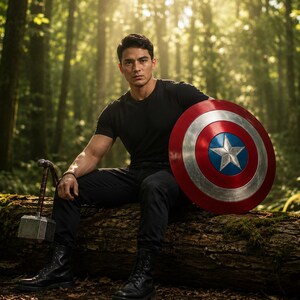 May include: A person sitting on a log in a forest, holding a Captain America shield and a hammer. The shield is red, white, and blue with a star. The hammer is silver and brown.