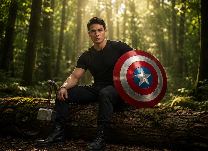 May include: A person sitting on a log in a forest, holding a Captain America shield and a hammer. The shield is red, white, and blue with a star. The hammer is silver and brown.