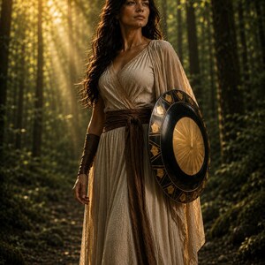 May include: A woman in a flowing beige dress and brown belt stands in a sunlit forest, holding a round shield with a gold center and black border. She wears brown arm cuffs and a draped shawl.