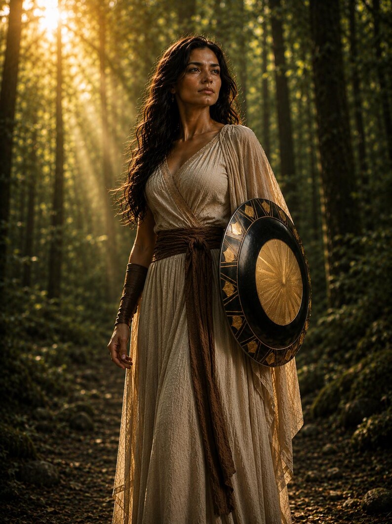 May include: A woman in a flowing beige dress and brown belt stands in a sunlit forest, holding a round shield with a gold center and black border. She wears brown arm cuffs and a draped shawl.