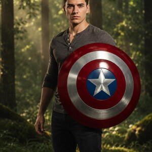 May include: A person holding a Captain America shield. The shield is a circular design with a red outer ring, a silver inner ring, a blue center with a white star. The person is wearing a gray long-sleeve shirt and dark jeans.