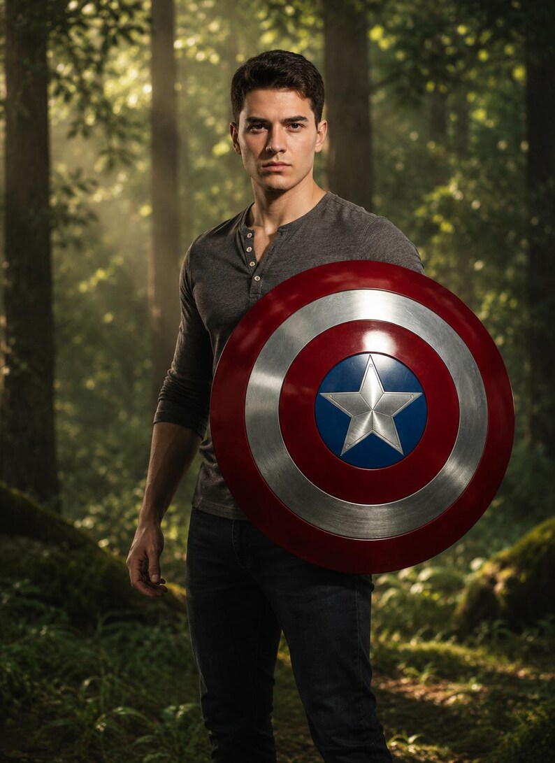 May include: A person holding a Captain America shield. The shield is a circular design with a red outer ring, a silver inner ring, a blue center with a white star. The person is wearing a gray long-sleeve shirt and dark jeans.