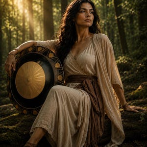 May include: A woman in a flowing beige dress sits in a forest, holding a round shield with a gold center and black border. The shield's design features radial lines. She wears a brown sash and has long, dark hair. The scene is bathed in sunlight.