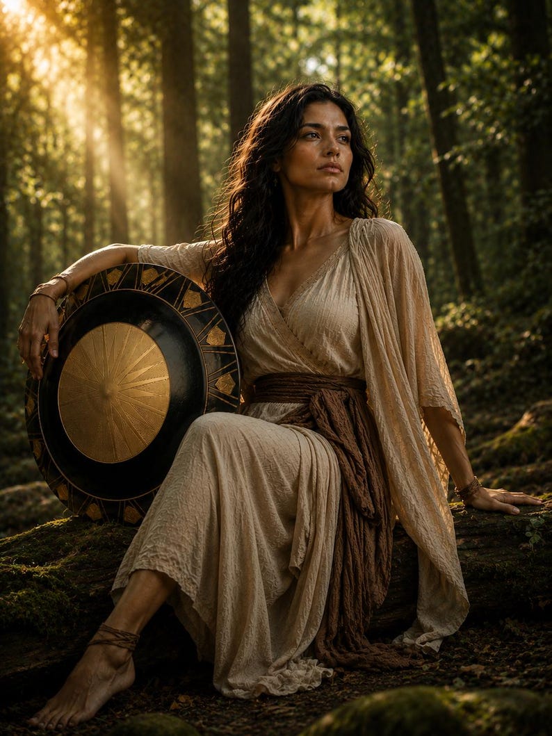 May include: A woman in a flowing beige dress sits in a forest, holding a round shield with a gold center and black border. The shield's design features radial lines. She wears a brown sash and has long, dark hair. The scene is bathed in sunlight.