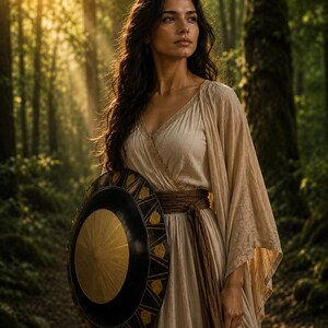 May include: A person in a flowing beige dress and brown sash stands in a sunlit forest, holding a black and gold shield. The shield has a central gold sunburst design and a black border with gold geometric shapes.