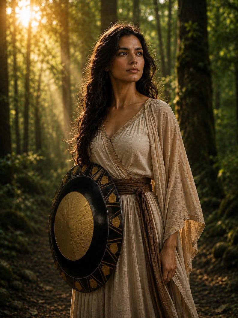 May include: A person in a flowing beige dress and brown sash stands in a sunlit forest, holding a black and gold shield. The shield has a central gold sunburst design and a black border with gold geometric shapes.