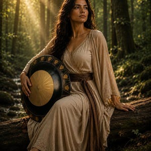 May include: A woman in a beige dress sits on a log in a forest, holding a black and gold shield. The dress has long sleeves and a brown sash. Sunlight streams through the trees, illuminating the scene.