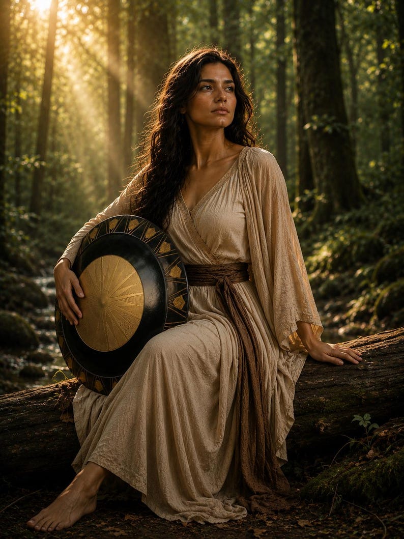 May include: A woman in a beige dress sits on a log in a forest, holding a black and gold shield. The dress has long sleeves and a brown sash. Sunlight streams through the trees, illuminating the scene.