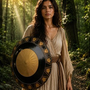 May include: A woman in a beige dress stands in a forest, holding a black and gold shield. The shield has a circular design with a gold sunburst pattern in the center and gold geometric shapes around the edge. The dress is tied at the waist with a brown sash.