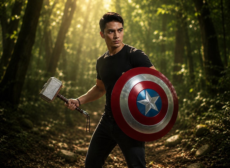 May include: A person holding a silver hammer and a red, white, and blue shield with a star in a forest setting. The shield is round with a silver rim and a blue center. The hammer has a wooden handle.