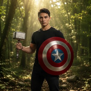 May include: A person holding Thor's hammer and Captain America's shield in a forest setting. The shield is red, white, and blue with a star in the center. The hammer is gray and silver.