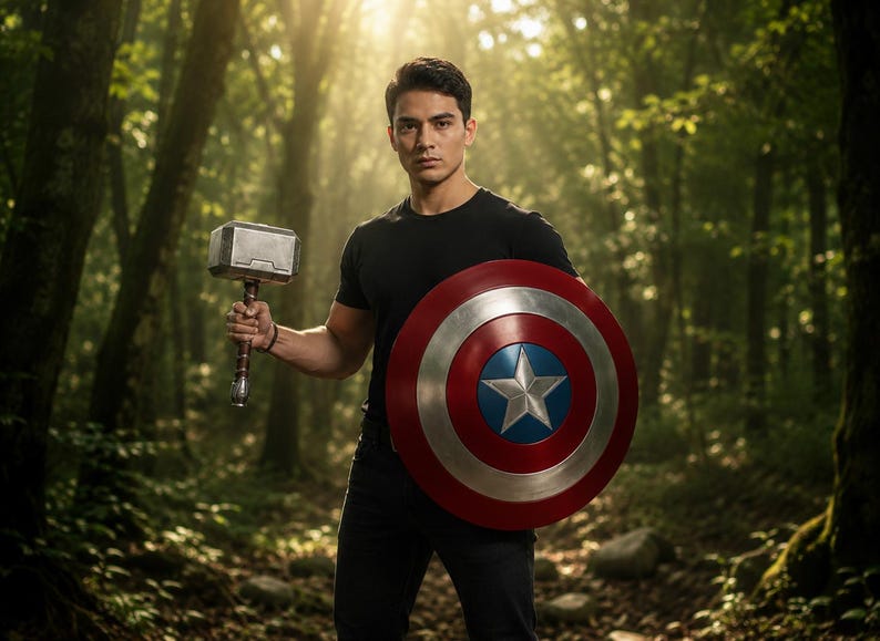 May include: A person holding Thor's hammer and Captain America's shield in a forest setting. The shield is red, white, and blue with a star in the center. The hammer is gray and silver.