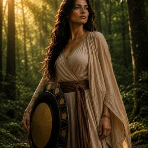 May include: A woman in a flowing beige dress and brown sash stands in a sunlit forest, holding a round shield with a black and gold design. The shield has a central sunburst pattern and geometric border.