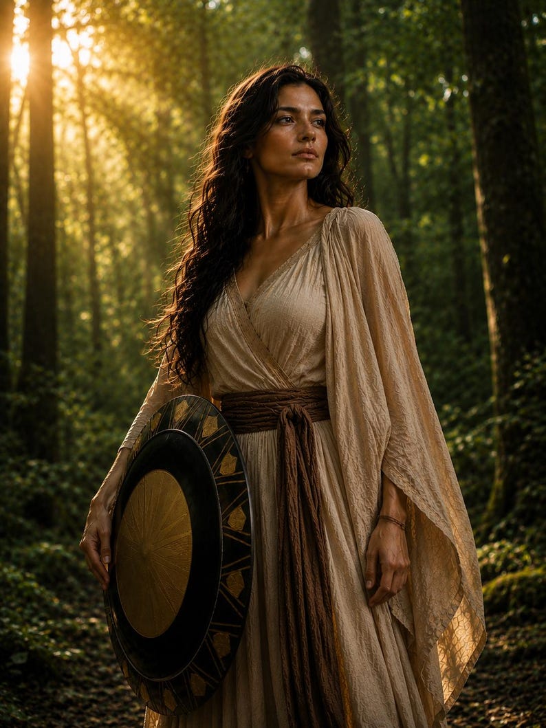 May include: A woman in a flowing beige dress and brown sash stands in a sunlit forest, holding a round shield with a black and gold design. The shield has a central sunburst pattern and geometric border.