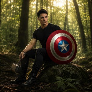 May include: A person in a black t-shirt and pants sits in a forest, holding a silver hammer and a Captain America shield. The shield is red, silver, and blue with a white star. The background is a lush green forest.