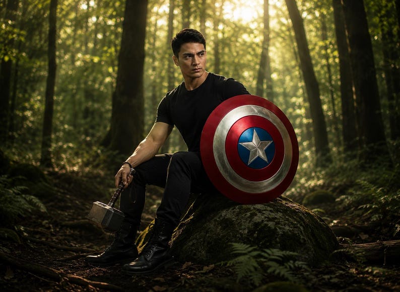 May include: A person in a black t-shirt and pants sits in a forest, holding a silver hammer and a Captain America shield. The shield is red, silver, and blue with a white star. The background is a lush green forest.
