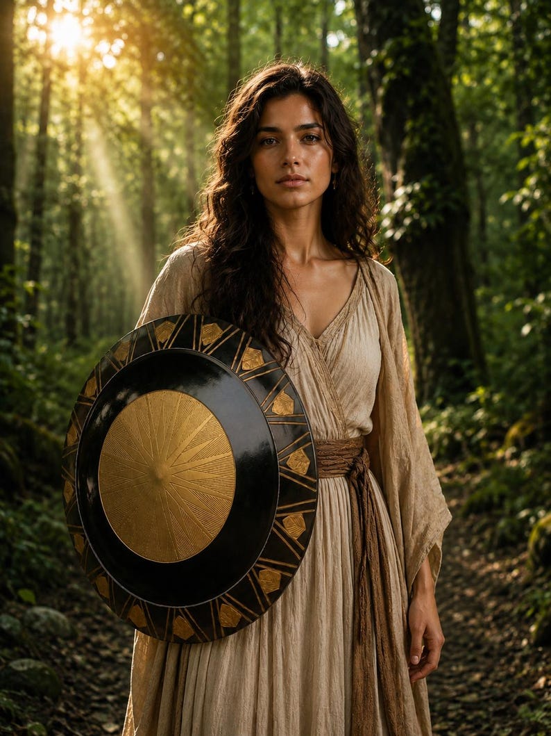 May include: A woman in a beige dress stands in a forest, holding a black and gold shield. The shield has a circular design with a gold sunburst pattern in the center and geometric accents. The dress is tied at the waist with a brown sash.