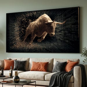 Cuadro de toro embistiendo para pared, escultura abstracta digital de toro, lienzo de animal moderno, decoración de pared de poder y fuerza, obra de arte dinámica sobre lienzo.