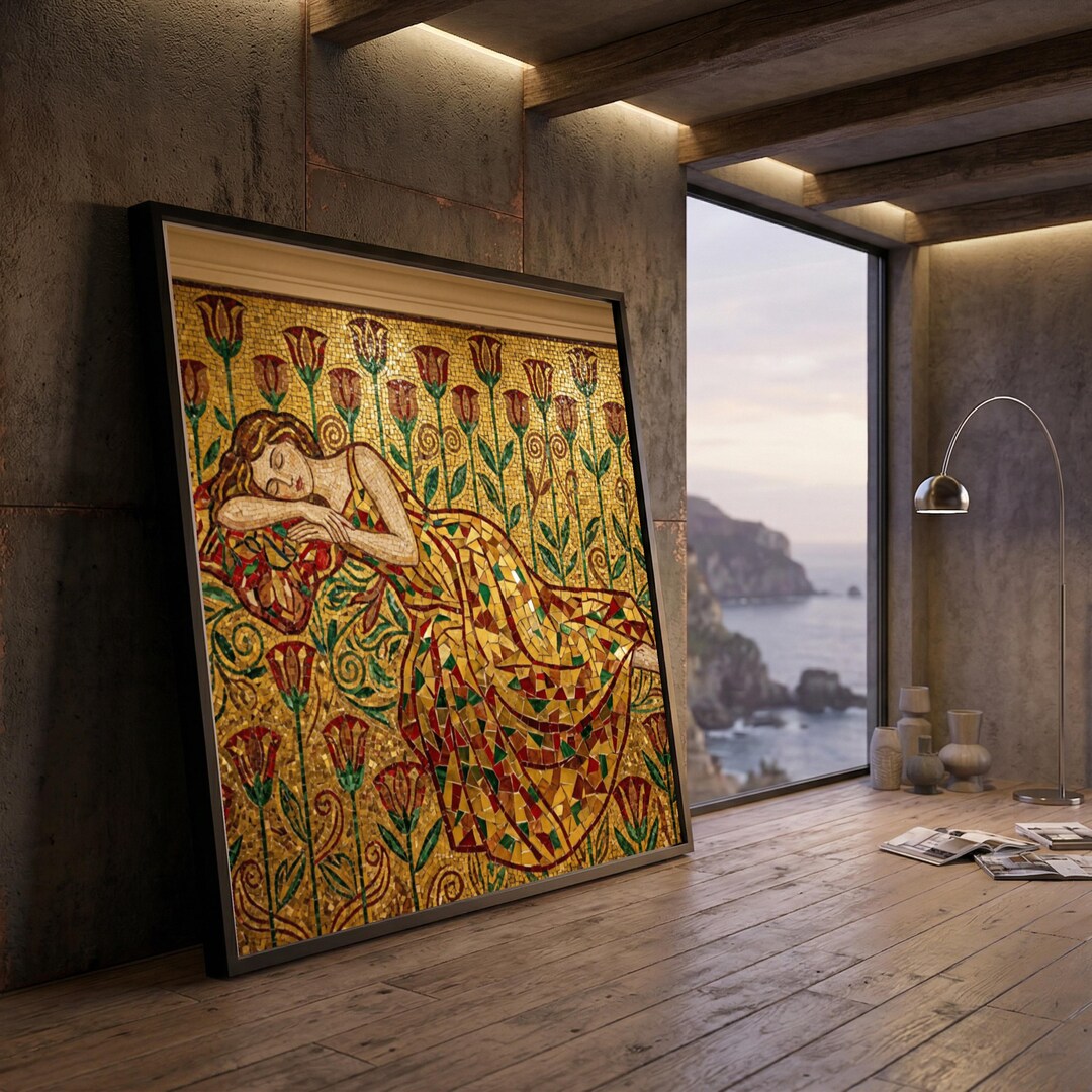 Gustav Klimt Style Sleeping Woman Mosaic Canvas, Golden Floral Wall Art ...