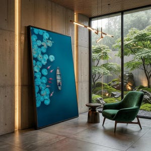 Op de afbeelding: Een groot ingelijste kunstdruk toont een boot op een turquoise blauw meer, omringd door waterlelies en koi-vissen. Het kunstwerk wordt tentoongesteld in een modern interieur met een groene fluwelen stoel en uitzicht op een Japanse tuin.