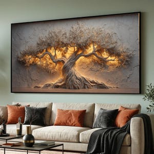May include: A large, framed wall art piece featuring a detailed relief sculpture of a tree with illuminated branches and trunk. The artwork is primarily beige and brown, with a textured background. The tree's form is highlighted by warm, golden lighting.