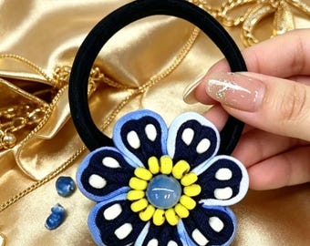 Blue Floral Hair Tie, Fabric Flower Elastic Hair Band,  Beaded  Scrunchie