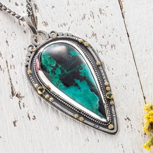 Chrysocolla Tourmaline Sterling Silver Pendant Necklace - Handmade Gold Detail