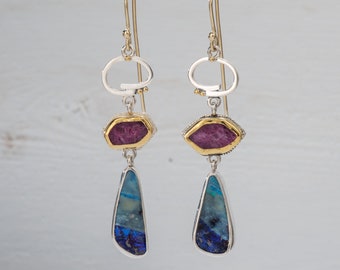 Boulder Opal Mixed Metal Earrings For Women  | Sterling Silver Ruby Dangle Drop Earrings | Silver and 22k Solid Gold Gemstone Jewelry