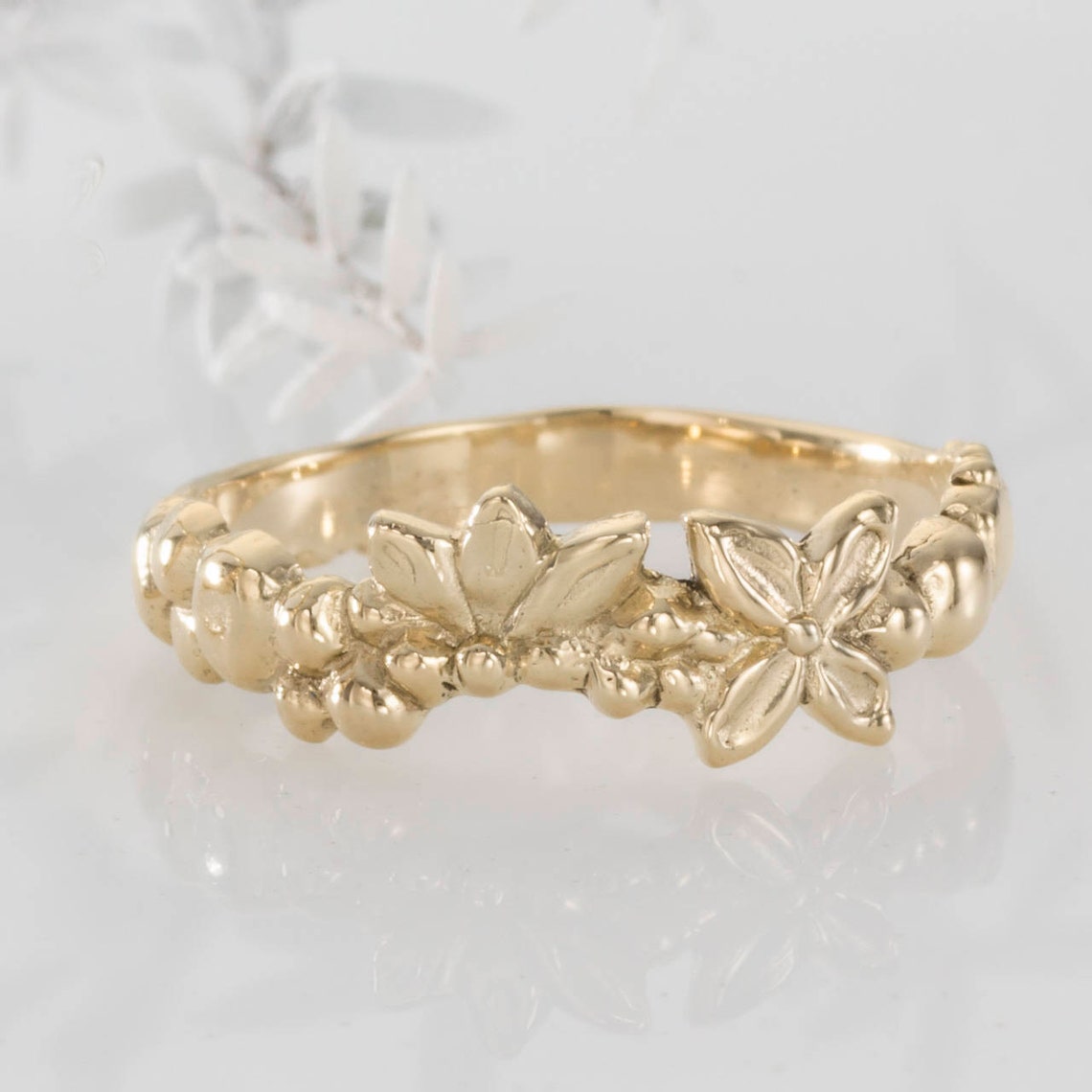 Flower Wedding Band Unique Flower Ring 14k Gold Flower Ring Etsy