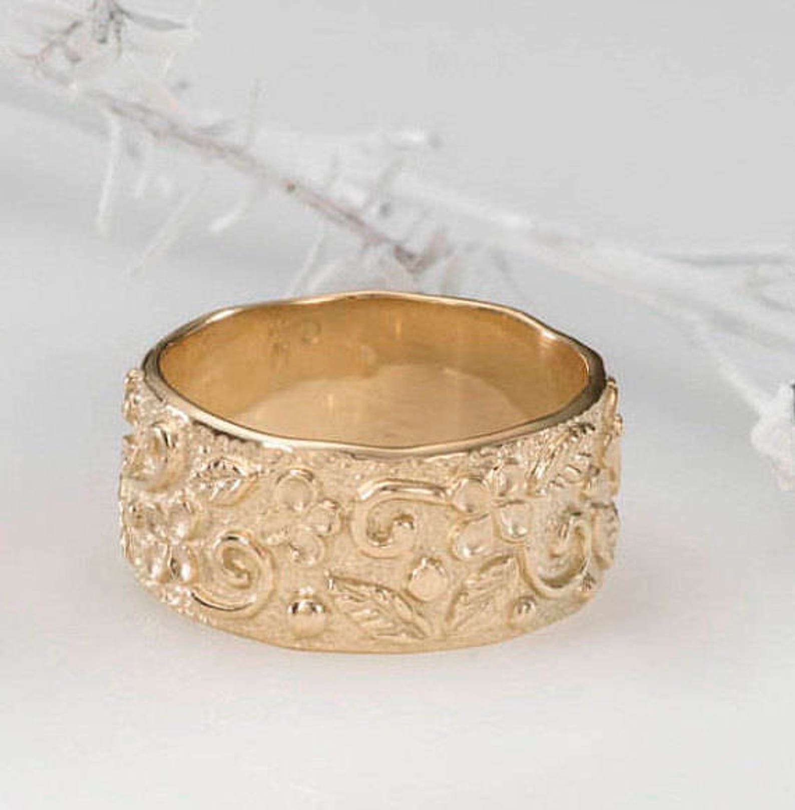 14K Solid Gold Engraved Wedding Band for Women Wide & - Etsy
