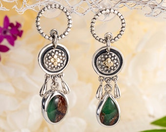 Chrysoprase Gemstone Earrings: Sterling Silver & 14K Gold Dangle Earrings