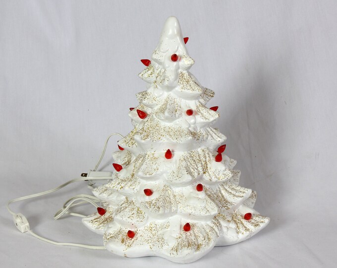 White Ceramic Christmas Tree, Red Bulbs and Gold Glitter Etsy