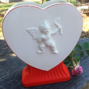 Vintage Valentine&#39;s Day Planter, Heart, Cupid, Vase Japan, Red and White