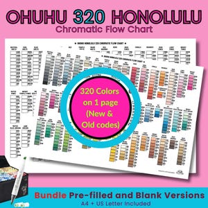 Ohuhu Honolulu - Pacchetto di 320 campioni di colore cromatici - Codici nuovi e vecchi / Modello di pennarello precompilato e vuoto / PDF in formato A4 e US Letter