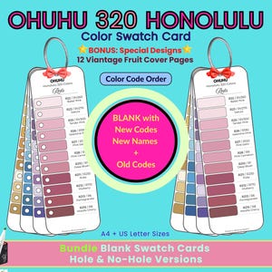May include: Ohuhu 320 Honolulu color swatch card set featuring blank pages with new codes, names, and old codes. Includes 12 vintage fruit cover pages, hole and no-hole versions, and A4 plus US letter sizes. The cards display various red color swatches.