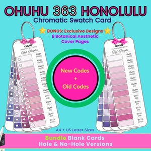 Puede incluir: Dos juegos de tarjetas de muestras cromáticas Ohuhu 363 Honolulu para marcadores rojos y morados, con tarjetas blancas perforadas, lazos rosas y anillas metálicas. Incluye texto para códigos nuevos y antiguos, portadas botánicas y tamaños A4.