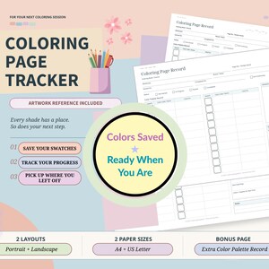Coloring Page Tracker Printable, Color Palette & Progress Log, A4 US Letter PDF
