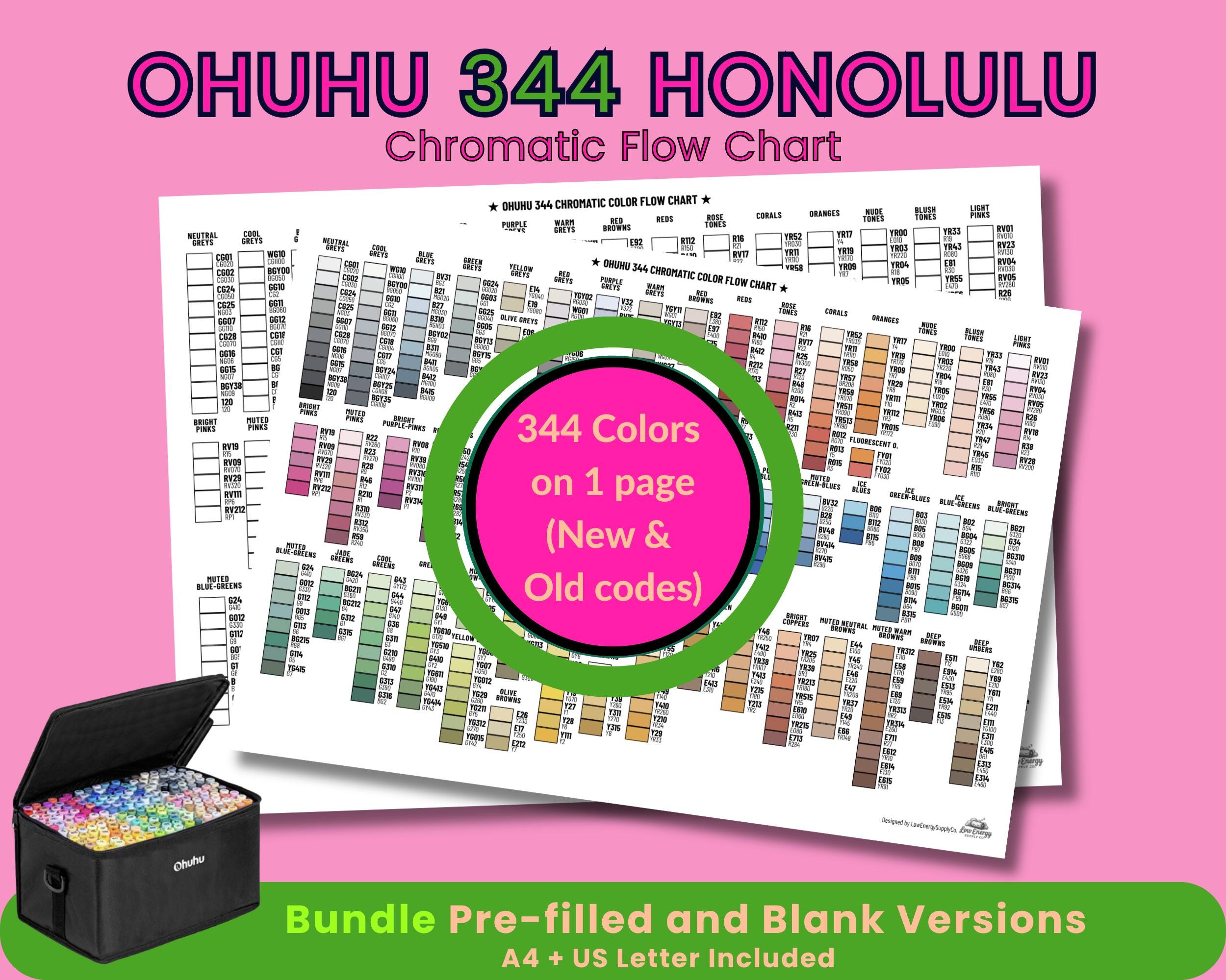 Ohuhu Honolulu 344 Color Swatch Chart Bundle | Pre-filled & Blank ...