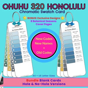Puede incluir: Dos juegos de tarjetas de muestra cromática Ohuhu 320 Honolulu en anillas metálicas, con etiquetas de color Ice Green-Blues. El texto incluye 'BONUS: Exclusive Designs 8 Botanical Seasons Cover Pages', 'New Codes New Names + Old Codes' y 'A4 + US Letter Sizes'.