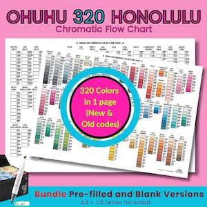May include: A color chart titled "OHUHU 320 HONOLULU Chromatic Flow Chart" with a pink background. The chart displays 320 colors in a grid format. A circular graphic highlights the color count. The text "Bundle Pre-filled and Blank Versions" is also visible.