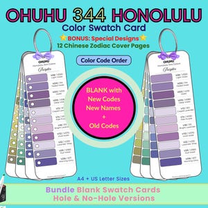 May include: Ohuhu 344 Honolulu colour swatch cards featuring purple colour samples with codes and names. Includes bonus Chinese zodiac cover pages, blank cards with new codes and names, and both hole and no-hole versions in A4 and US letter sizes.