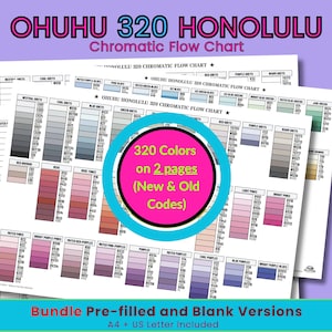 May include: The Ohuhu 320 Honolulu Chromatic Flow Chart is a set of documents featuring 320 colors on 2 pages with new and old codes. This bundle includes pre-filled and blank versions in A4 and US Letter sizes for organized color reference.