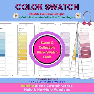 May include: A set of color swatch cards featuring 12 color slots per card, with text including COLOR SWATCH, Sweet & Collectible Blank Swatch Cards, and Bundle Blank Swatch Cards. The cards are white with various pastel and bold color samples.