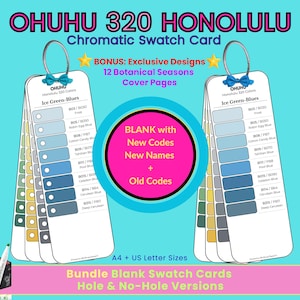 Può includere: Set di cartelle colori cromatiche Ohuhu 320 Honolulu con due anelli bianchi e fiocchi blu, che mostrano nomi e codici colore Ice Green-Blues. Include copertine botaniche, schede vuote con codici nuovi e vecchi, nei formati A4 e US Letter.
