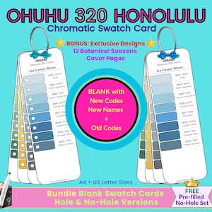 May include: Two sets of Ohuhu 320 Honolulu Chromatic Swatch Cards on rings, featuring Ice Green-Blues colour lists. Includes text: Ohuhu 320 Honolulu Chromatic Swatch Card, Bonus: Exclusive Designs 12 Botanical Seasons Cover Pages, Blank with New Codes New Names + Old Codes, A4 + US Letter Sizes, Bundle Blank Swatch Cards Hole & No-Hole Versions, Free Pre-filled No-Hole Set.