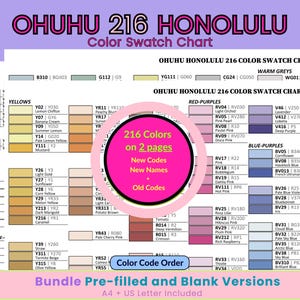 Op de afbeelding: De Ohuhu 216 Honolulu Color Swatch Chart is een document met een raster van kleurstalen met bijbehorende codes en namen. Een centrale roze cirkel toont de tekst 216 Colors on 2 pages, New Codes, New Names + Old Codes.
