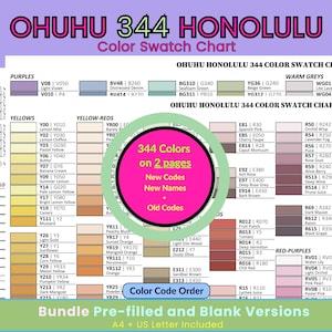 Könnte beinhalten: Die Ohuhu 344 Honolulu Farbtabelle ist ein zweiseitiges Dokument mit einem Raster aus Farbmustern mit entsprechenden Codes und Namen. Ein zentraler rosa Kreis hebt 344 Farben auf 2 Seiten, neue Codes, neue Namen und alte Codes hervor.